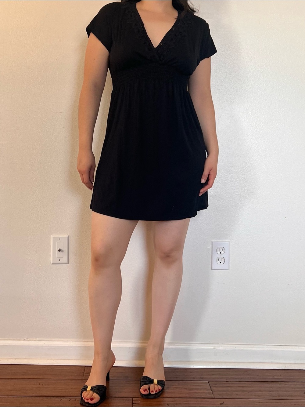 NWT The House of Woo Black lace trim dress with V-neckline. Size: M